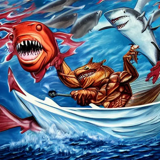 Image similar to full - color photorealistic fantastical oil - painting of : an anthropomorphic muscular male humanoid - hybrid shark - monster is terrorizing workers on the deck of a commercial fishing boat. the shark - monster is wearing swim - trunks. highly - quality, highly - detailed professional artwork.