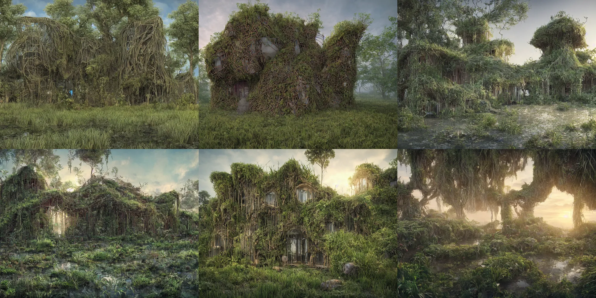 Prompt: beautiful organic house structure made of strange plants, located in a swamp at sunrise, ultra wide angle, moebius, chillwave, futuresynth, door, windows, architectural render