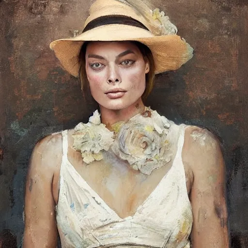 Image similar to happy very thick paint brush strokes paint texture full body fashion model very worn out very rusty margot robbie by Jeremy Lipking by Hasui Kawase by Richard Schmid (((smokey eyes makeup eye shadow fantasy, glow, shimmer as victorian woman in a long white frilly lace dress and a large white hat having tea in a sunroom filled with flowers, roses and lush fern flowers ,intricate, night, highly detailed, dramatic lighting))) , high quality