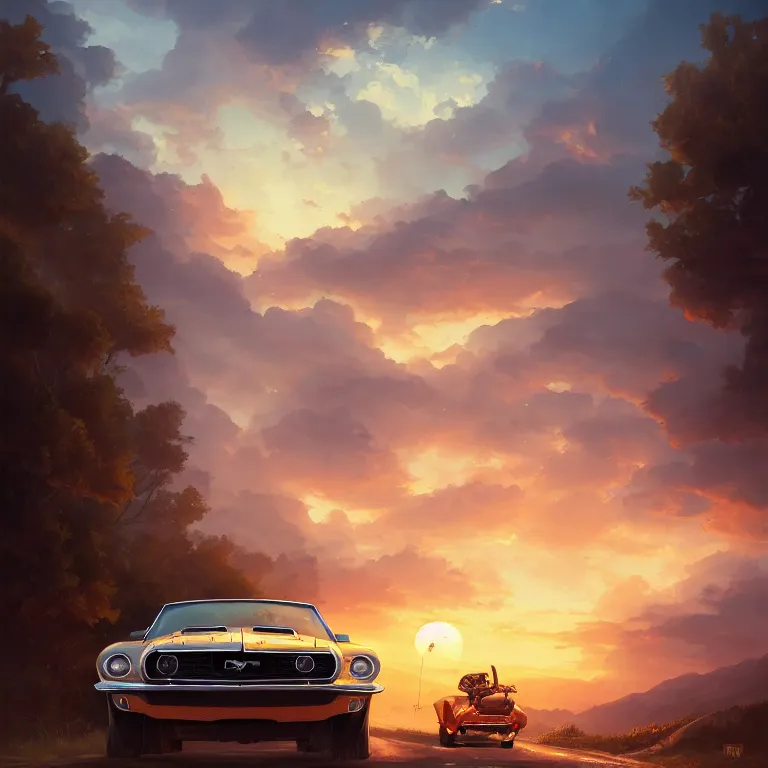 Prompt: view from behind a 1 9 6 8 mustang driving down a country road, coriolios rpg art style, full of details, warm sunset colors, matte painting, artstation, 8 k, hyperrealistic, style of peter mohrbacher, album cover