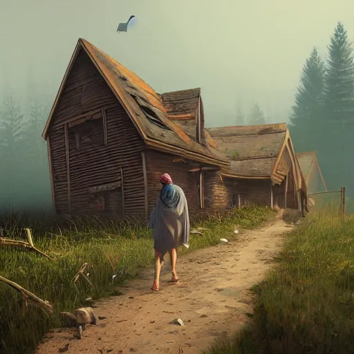 Prompt: woman leaving her wooden broken house by simon stålenhag, very highly detailed, award winning, rendered by Beeple, by Makoto Shinkai, syd meade, starwars, space art concept, digital art, unreal engine, blender, WLOP, trending on artstation, 4K UHD image, octane render