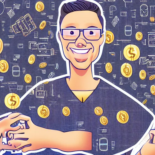 Image similar to digital art of software developer in a farewell from his company, cryptocurrency in the background