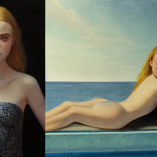 Image similar to Elle Fanning at the pool at night, head and shoulders portrait, stormy weather, extremely detailed masterpiece, Roger Deakin’s cinematography, oil on canvas, Edward Hopper,