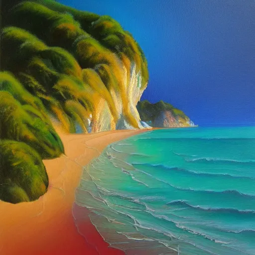 Prompt: golden bay new zealand, abel tasman, Lastreopsis hispida, colorful oil painting, trending on artstation