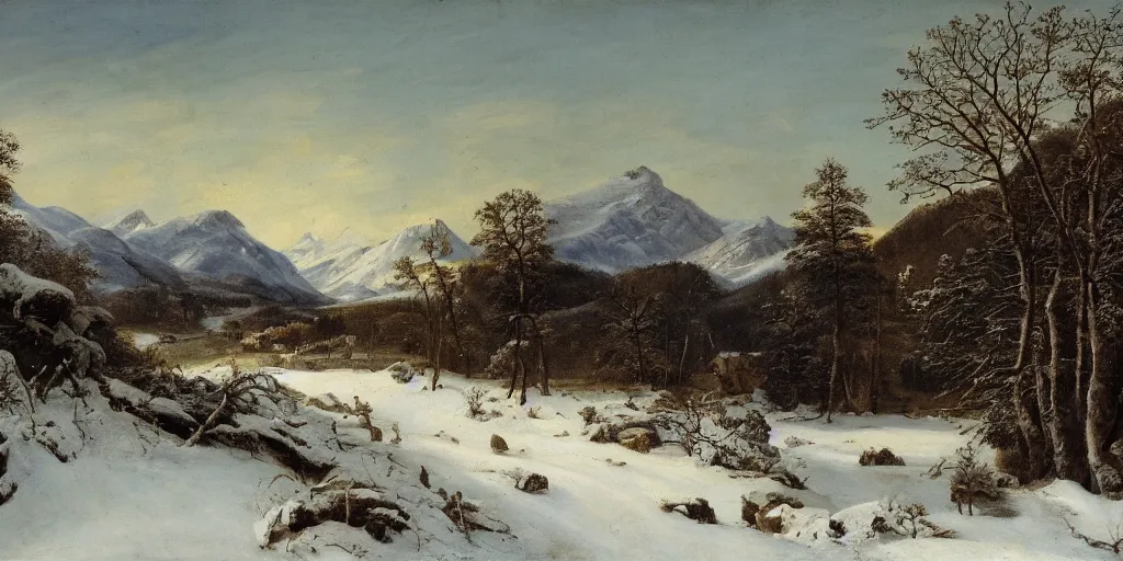 Prompt: a dramatic landscape painting of a mountain with a path leading into fields and forest, winter heavy snow fall, by joachim patinir, oil on canvas, highly detailed, hd, 4 k