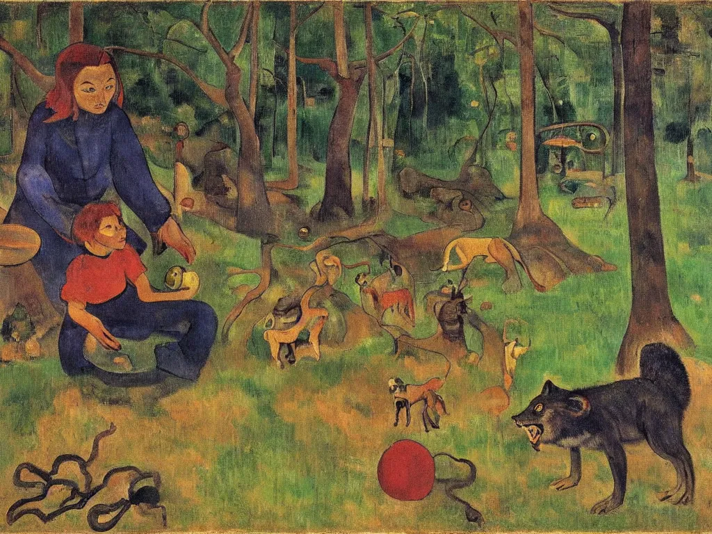 Image similar to an evil 6 - eyed wolf observing a child in the forest playing with a toy next to a hut, by paul gauguin and balthus,