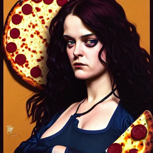 Image similar to portrait of teenage goth wynonna ryder flipping a pizza in the air in a dominos pizza, intricate, headshot, highly detailed, digital painting, artstation, concept art, sharp focus, cinematic lighting, illustration, art by artgerm and greg rutkowski, alphonse mucha, cgsociety