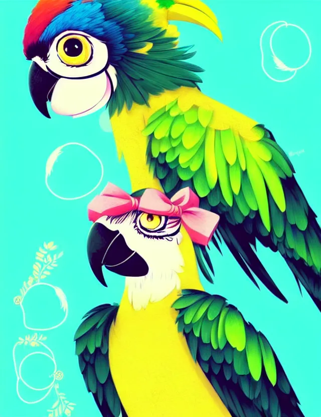 Image similar to a cute anthropomorphic macaw parrot girl anthro wearing a lemon lime ribbon, park background, very anime!!! kawaii!! furry!! intricate details, aesthetically pleasing pastel colors, scenic background, art by conrad roset and ilya kuvshinov. trending on deviantartstation