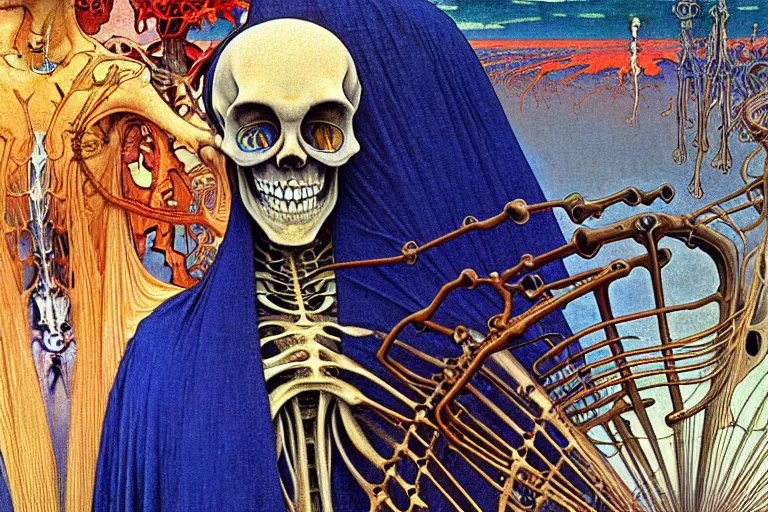 Image similar to realistic detailed closeup portrait painting of a single skeleton wearing a cape in a crowded futuristic street by Jean Delville, Amano, Yves Tanguy, Alphonse Mucha, Ernst Haeckel, Edward Robert Hughes, Roger Dean, rich moody colours, blue eyes