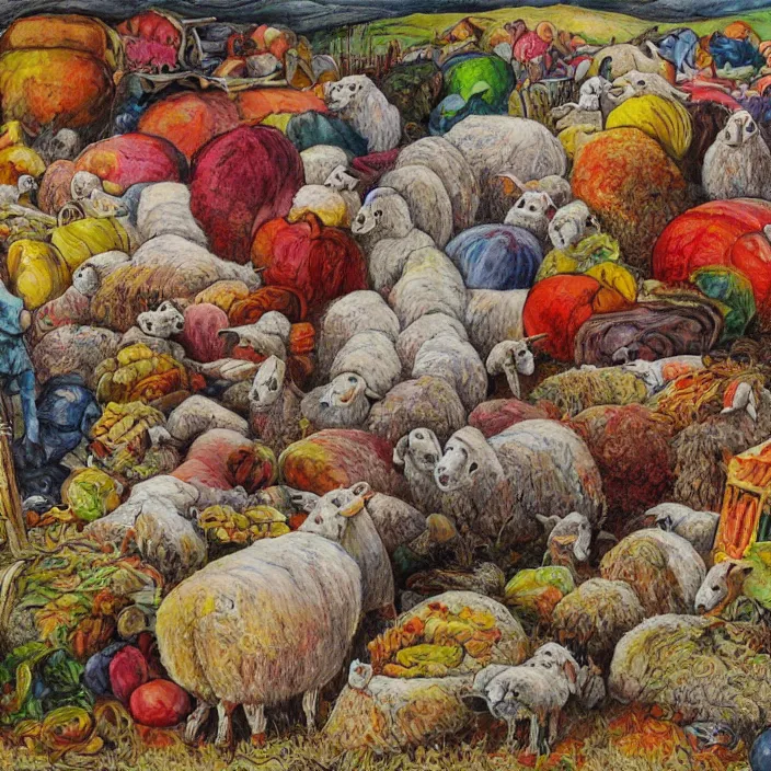 Image similar to several dead sheep, a pile of gigantic fruit, naivistic art, story book illustration, expressive, expressionistic, outsider art, colorful, schizophrenic, paranoid