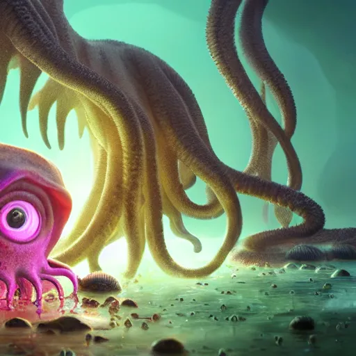 Prompt: cthulhu, expressive eyes, floating, rbc, radiolaria, protophyta, micro - organisms, center frame, symmetric, rim light, marine microbiology, bioluminescence, electric, fur, soft, concept art, intricate details, highly detailed, colorful, photorealistic, disney pixar, octane render,