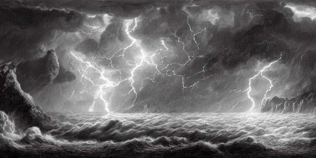 Prompt: in the raging storm, prehistoric landscape with vulcano, lightning, drawn by christan delort!!! and gustave dore, graphic black and white, hatching, low camera, wide angle, centered composition, golden ratio