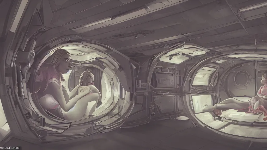 Image similar to a wide angle view of woman in a hyper sleep chamber in a spaceship, on a long journey to jupiter, highly detailed, artistic composition, sharp focus, intricate concept art, digital painting, dramatic lighting