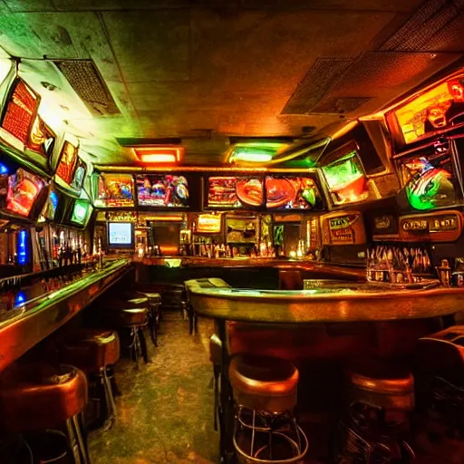 Image similar to interior of a busy dive bar on an alien planet, cinematic, epic sci-fi art