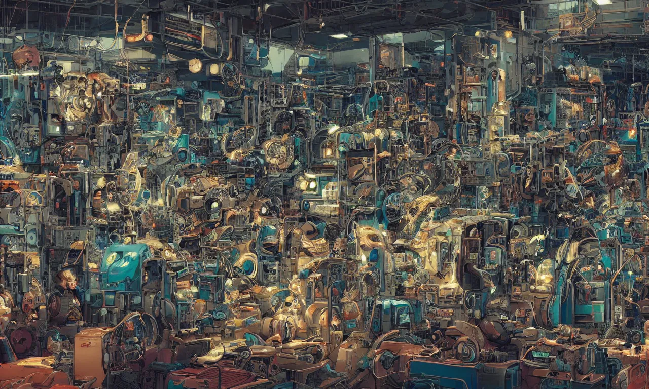 Image similar to an extremely cluttered machine repair shop in 2067, art by Josan Gonzales and Dan Hillier, extremely detailed, fine detail, 8K