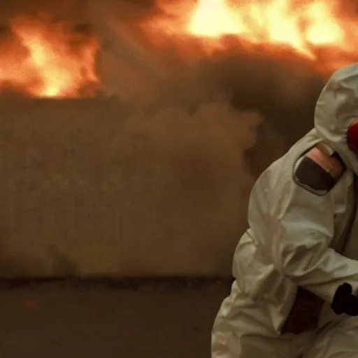 Image similar to A cinematic film still of a man in a hazmat suit running away from an explosion.