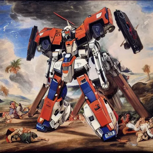 Prompt: peter paul rubens as consequences of wars with mecha gundam invited, random content position - n 9