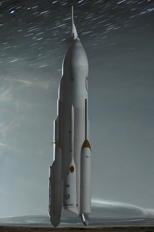 Image similar to A single stage to orbit SSTO rocket, sci-fi, film still from Interstellar, by Christopher Nolan