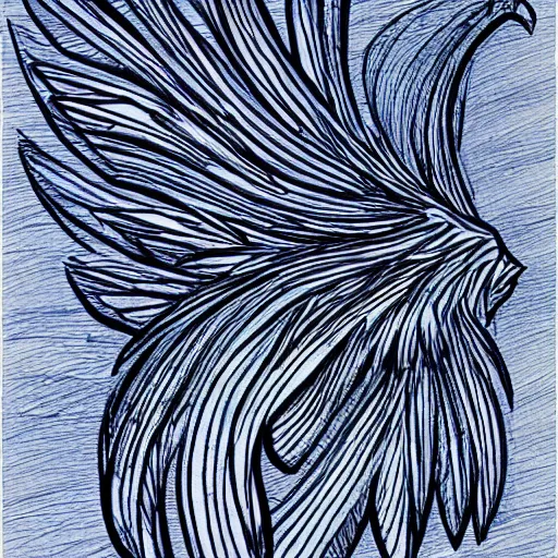 Prompt: single line drawing of a phoenix, blue ink pen