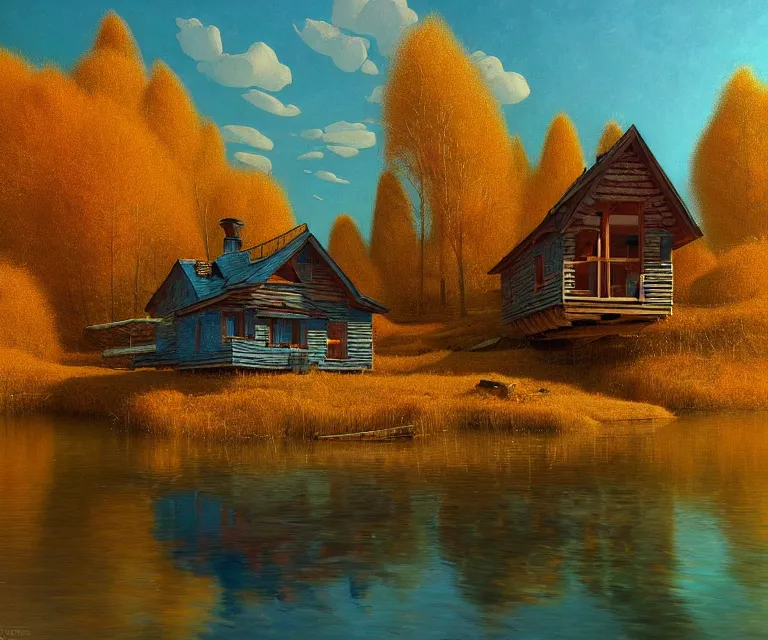 Prompt: hyper detailed 3d render like a Oil painting - a rustic cabin on the shore of a serene blue lake in autumn, by Jacek Yerka, Mariusz Lewandowski, Houdini algorithmic generative render, Abstract brush strokes, Masterpiece, Edward Hopper and James Gilleard, Zdzislaw Beksinski, Mark Ryden, Wolfgang Lettl, hints of Yayoi Kasuma, octane render, 8k