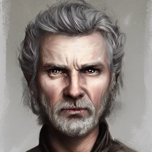 Prompt: a detailed matte head - on portrait painting of a sly older sorcerer, with a small beard, salt and pepper hair, portrait by charlie bowater, lise deharme, wlop, tending on arstation, dungeons and dragon, dnd, pathfinder, fanart, oil on canvas