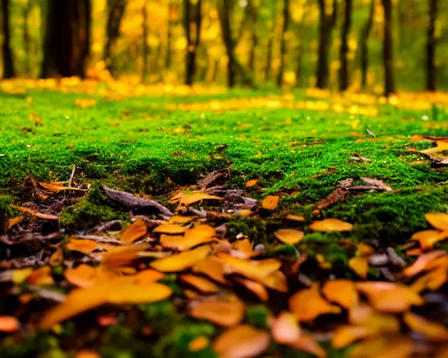 Image similar to dream a daisy in a forest, moss, autumn, warm colors, photography, depth of field