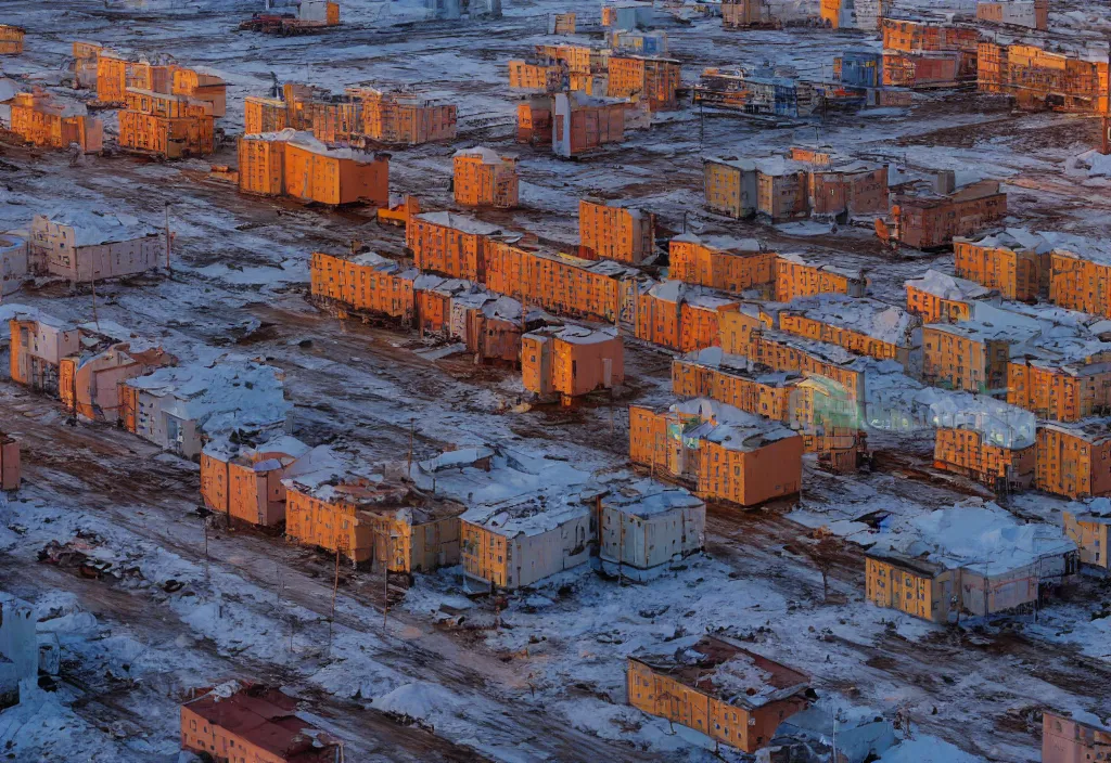 Image similar to accidentally wes anderson award - winning street photograph of a norilsk russian lunar cosmic city, art by greg rutkowsky, trending on artstation, cinematic lighting, filmic grain, golden hour, detailed, 4 k