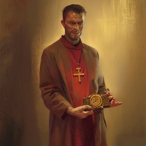 Prompt: Portrait painting of a christian priest holding a golden cross by his hands by greg rutkowski and Craig Mullins