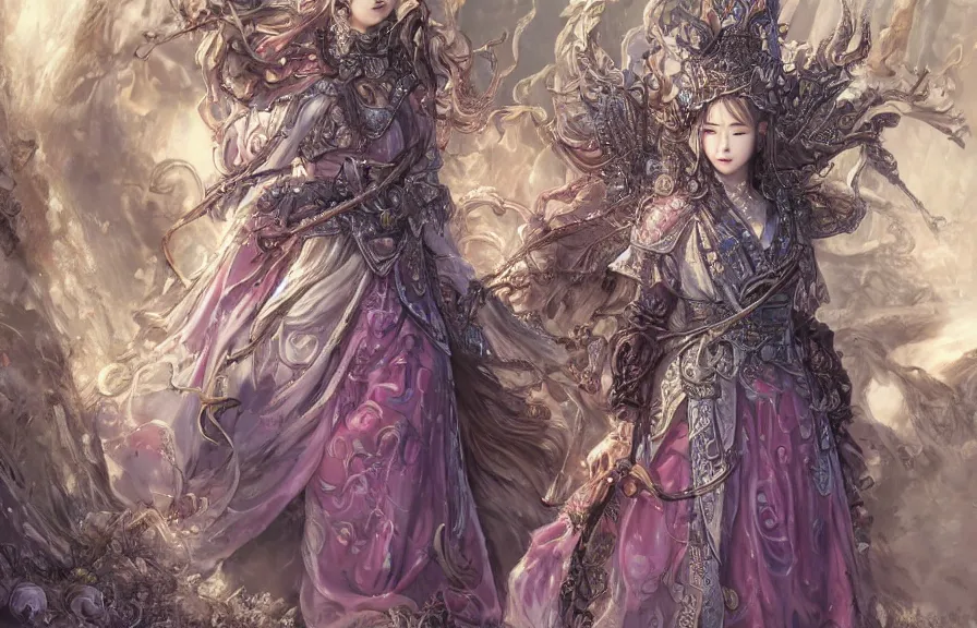 Prompt: an concept art of the korean queen surrounded by magic guards, long hair, makeup, intricate details, detailed face, detailed dress, one face, artstation, epic pose, colourful light, by kentaro miura and masanori warugai