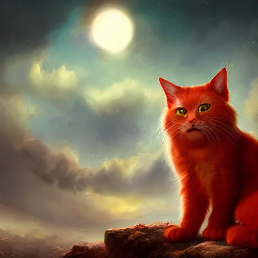 Image similar to portrait of a beautiful red cat celestial background,, fantasy, highly detailed, cinematic lighting, digital art painting by artgem and greg rutkowsk, trending on artstation, very very beautiful, very attractive, high fantasy