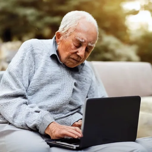 Image similar to casket with elderly man who is browsing internet on laptop from a casket