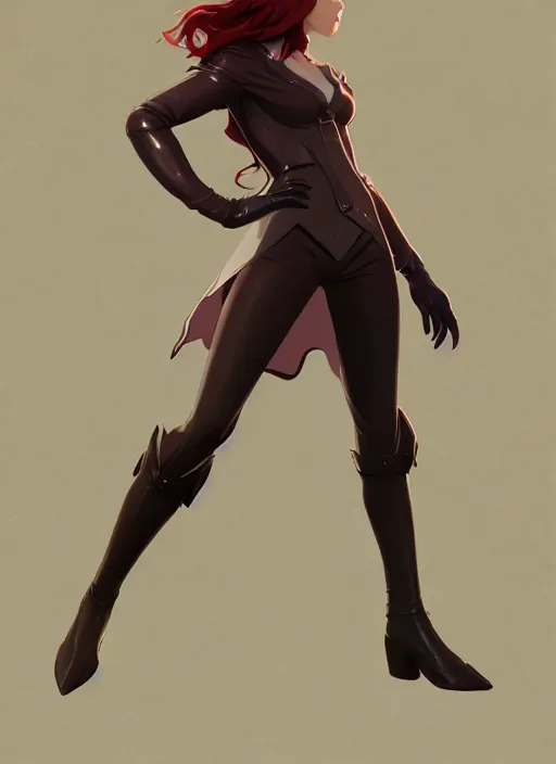 Prompt: concept art of a pretty young woman with shoulder length shiny shimmering dark red hair and wearing leather suit, concept art, t - pose, full body, path traced, highly detailed, high quality, digital painting, by studio ghibli and alphonse mucha, leesha hannigan, makoto shinkai, disney