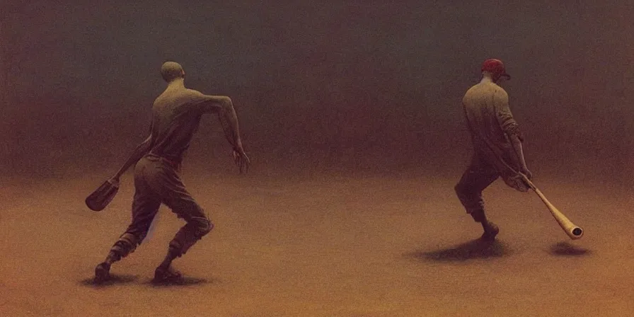 Image similar to painting of a man playing baseball with eldritch beings, by Zdzislaw Beksinski, gothic, amazing details, cold hue's, warm tone gradient background