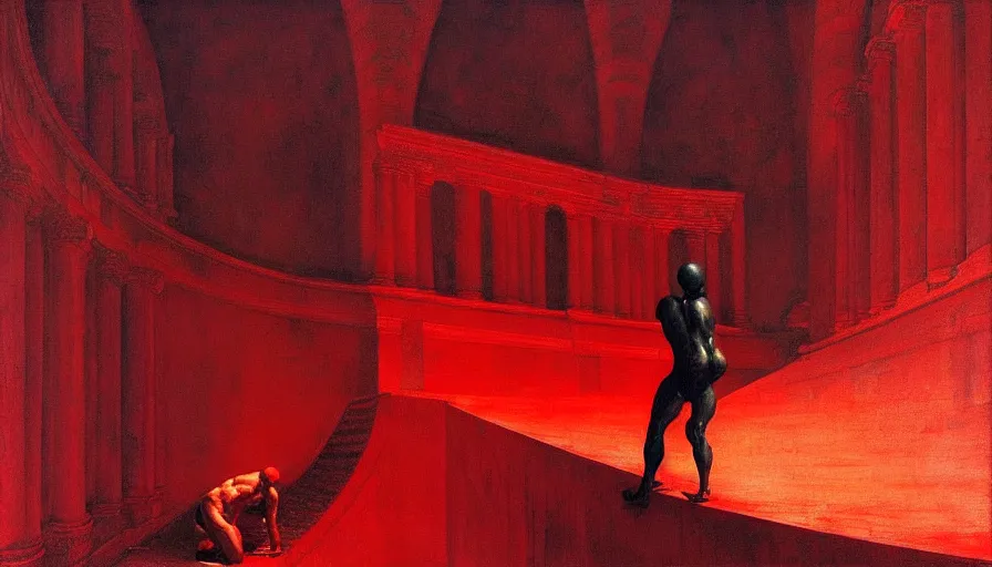 Image similar to only with red, a red gladiator in a crowded roman amphitheatre, crowd cheers him, in the style of beksinski, parts by edward hopper, parts by rodcenko, parts by yue minjun, intricate and epic composition, red by caravaggio, insane quality, highly detailed, masterpiece, red light, artstation