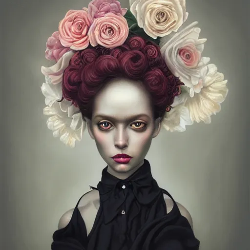 Image similar to pop surrealism, lowbrow art, realistic seductive cute black woman painting, curly hair, white shirt, holding flowers, hyper realism, muted colours, rococo, natalie shau, loreta lux, tom bagshaw, mark ryden, trevor brown style