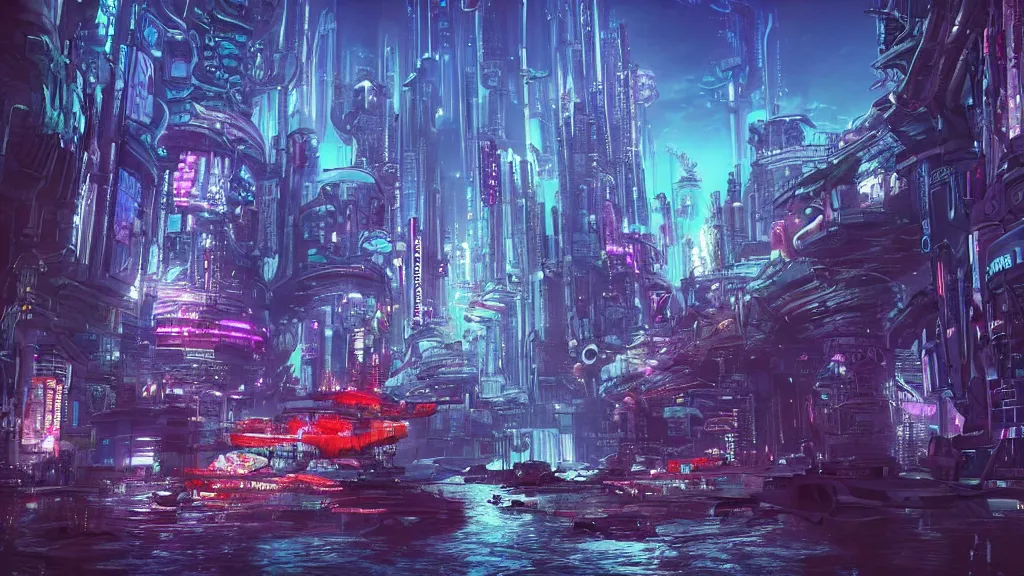 Image similar to Cyberpunk Atlantis. Beautiful underwater city.