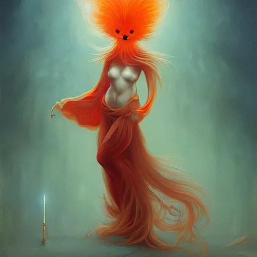 Image similar to prompt A beautiful red orange fluffy kumiho, Peter Mohrbacher