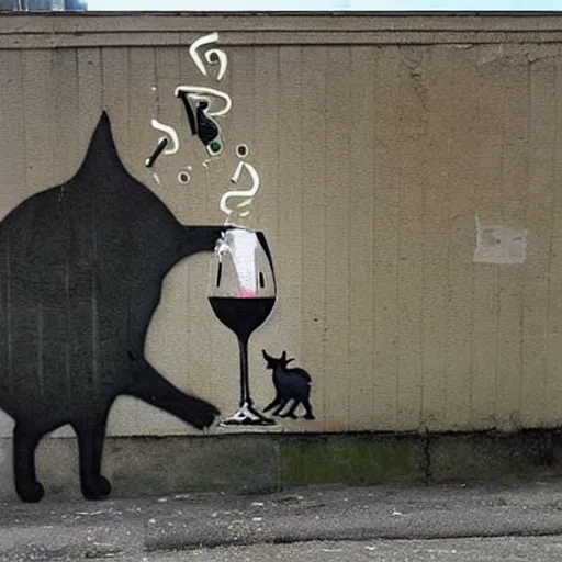 Prompt: Street art of an alcoholic cat who drink wine, by banksy