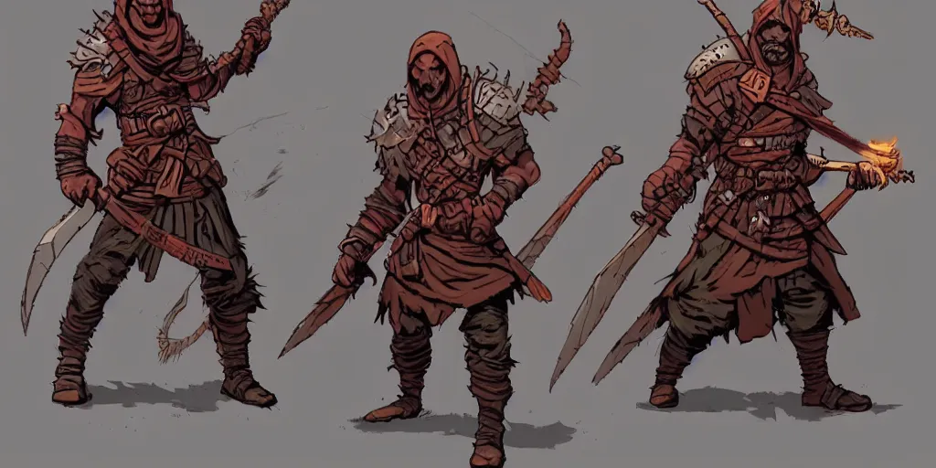 Image similar to warrior character design, idle, colored, sword, sprite, darkest dungeon, pc game, sideview, art by moebius and greg rutkowski.