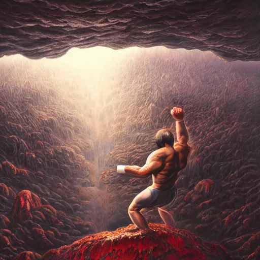 Prompt: acrylic painting of a brutal fight between gods!!!! different realm!, gigantic landscape!, cinematic, dark fantasy, acrylic palette, high detail, hyper realism!!, ray tracing, 4 k resolution, 8 k resolution!!, full hd, neon, realistic painting by junji ito, laurie lipton and michael whelan