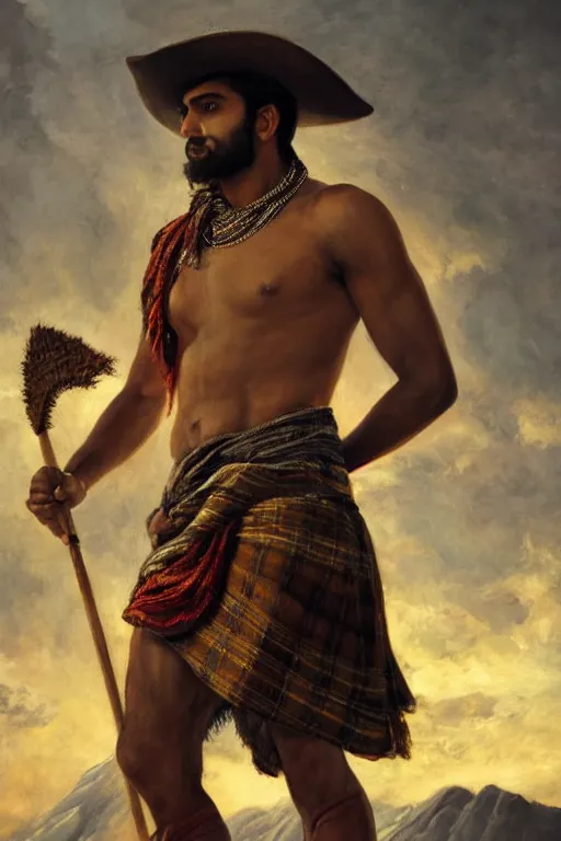 Prompt: a dramatic epic beautiful painting of a shirtless desi man | he is wearing a plaid kilt and cowboy hat, and holding a quarterstaff | background is mountains! and clouds | dramatic lighting, golden hour, homoerotic | by mark maggiori and walter crane | trending on artstation