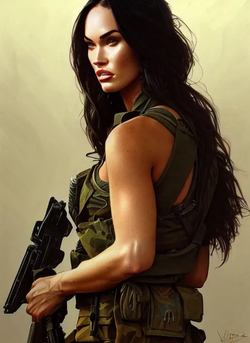 Image similar to portrait of megan fox as soldier, uniform, g 3 6, gun, camouflage, intricate, headshot, highly detailed, digital painting, artstation, concept art, sharp focus, cinematic lighting, illustration, art by artgerm and greg rutkowski, alphonse mucha, cgsociety