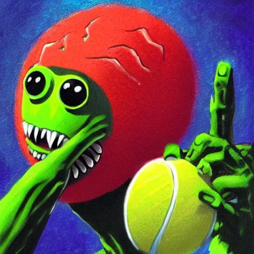 Prompt: a tennis ball monster alien , digital art, fantasy, magic, trending on artstation, ultra detailed, professional illustration by Basil Gogos