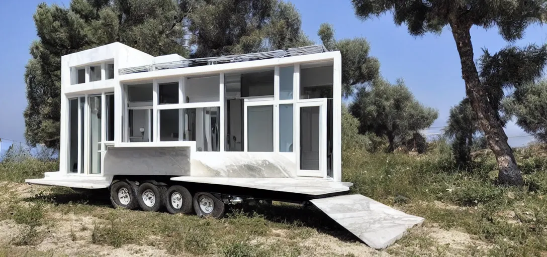 Image similar to greek tiny house on trailer made of marble designed by iktinos and callicrates.