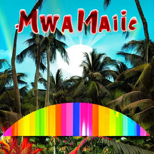 Prompt: miracle musical Hawaii part ii album cover, showing an ocean in the background, spiral transparent stairs on the left with tall palm trees behind it, a slight rainbow in the background, white outline border, moon in the right top area black and white except for the rainbow album cover with rainbow text in the middle reading Hawaii part ii