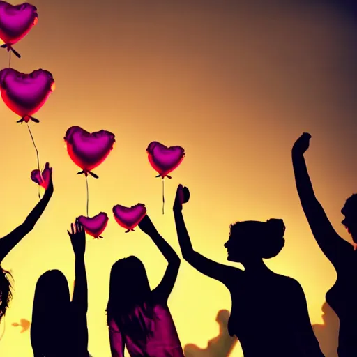 Image similar to silhouette of young women at a party with balloons and lots of hearts floating in the air