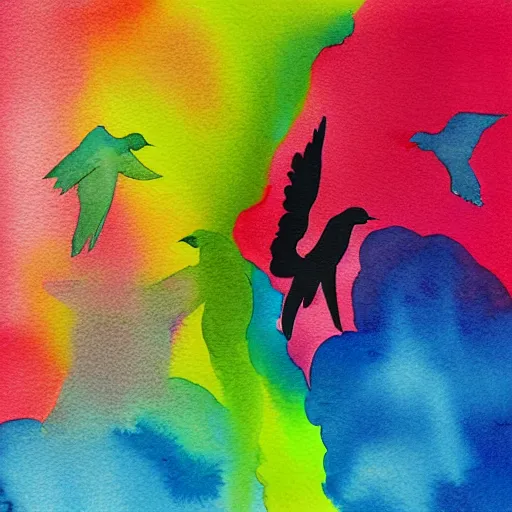 Image similar to dancing on top of a rainbow in the stratosphere, minimalist, watercolor, ink under paint, muted colors, birds - eye view. digital art, ue 5