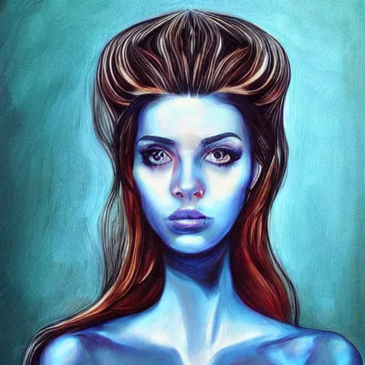 Image similar to portrait in strange art style, very creative drawing and painting of a beautiful woman