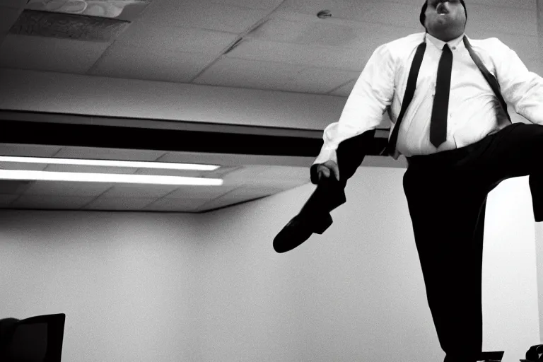 Image similar to cinematic film still from 1994 film: portly clean-shaven white man wearing suit and necktie at his desk, kicking his right foot in the air, XF IQ4, f/1.4, ISO 200, 1/160s, 8K, RAW, dramatic lighting, symmetrical balance, in-frame