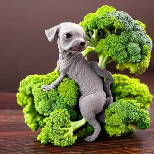 Image similar to an old grey hairless cute toy poodle eats broccoli